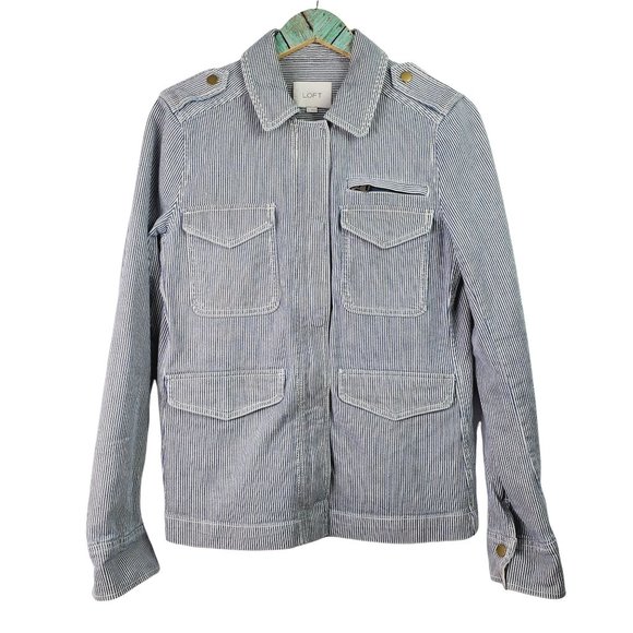 Ann Taylor Loft Denim Pin Stripe Conductor's Jacket Sz Small - Picture 1 of 12